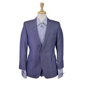 Custom Mens Blue Herringbone Linen Cotton Blazer Jacket Recent Slim Fit 36S